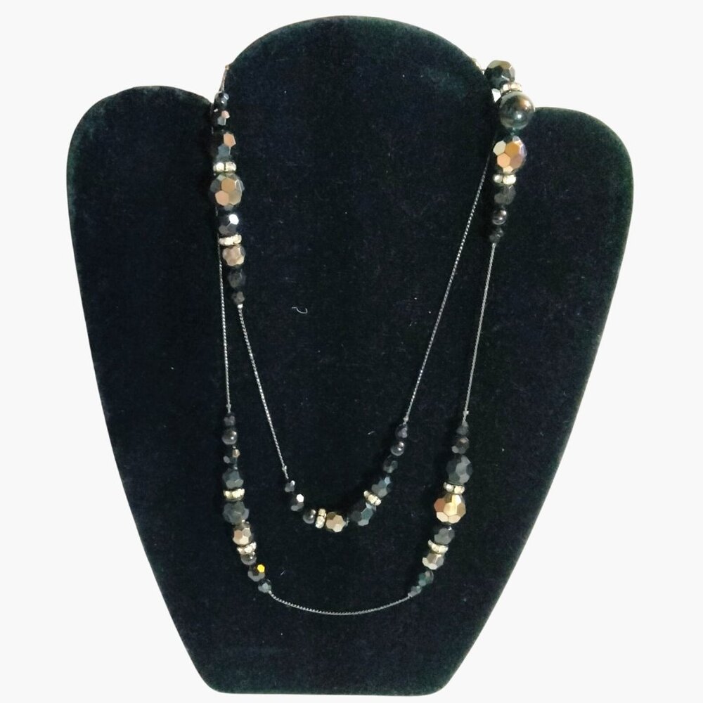 Black Beaded Necklace Faceted Beads Long Art Deco Flapper